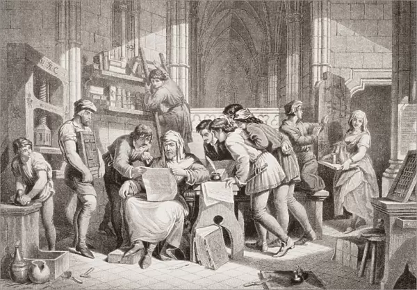 Introduction Of The Art Of Printing. Caxton Reading The First Proof Sheet From His Printing Press, In The Almonary, Westminster Abbey, March 1474. Engraved By W. Ridgway After E. H. Wenhert. From The Book 'Illustrations Of English And Scottish History'Volume 1
