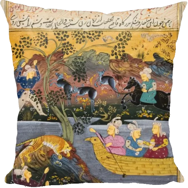 Painting From 17Th Century Persian Manuscript Men On Horseback Hunting Tiger And Deer Men And Woman In Boat On River Or Lake Man Fishing From Boat