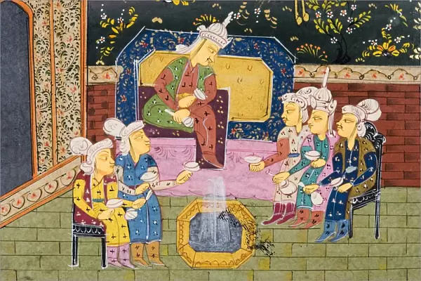 Detail From Painting From 17Th Century Persian Manuscript Hunters And Favourites Drinking With Noble Or King