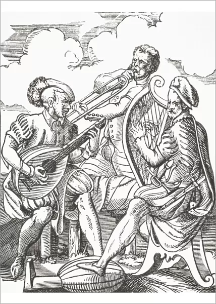 German Musicians Playing The Lute And Guitar. After A 16Th Century Engraving By Jost Amman. From Science And Literature In The Middle Ages By Paul Lacroix Published London 1878