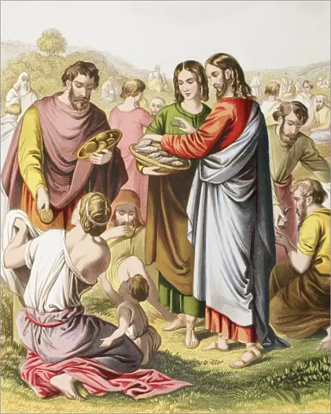 Jesus Feeding The Multitude. The Miracle Of Loaves And Fishes. From The Holy Bible Published By William Collins, Sons, & Company In 1869. Chromolithograph By J. M. Kronheim & Co
