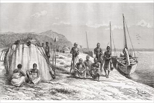 Congolese Tribesmen By Their Boats On The Congo River In The 19Th Century. From The Book Africa Pintoresca Published 1888