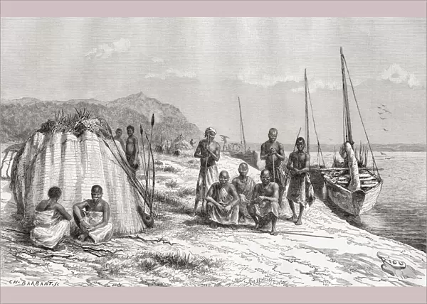 Congolese Tribesmen By Their Boats On The Congo River In The 19Th Century. From The Book Africa Pintoresca Published 1888
