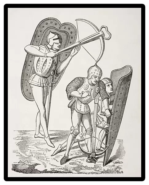 Two 15Th Century French Crossbowmen, One Firing His Weapon, The Other Loading It With A Windlass, Both Protected By Pavises. From Les Artes Au Moyen Age, Published Paris 1873