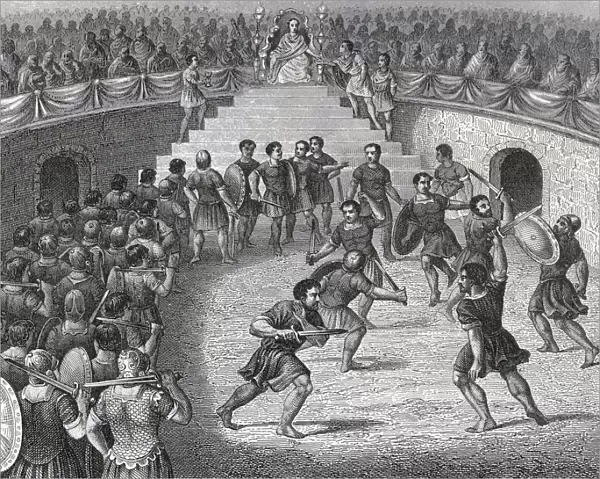 Gladiators Fighting In The Ring In Ancient Rome. From A 19Th Century Engraving