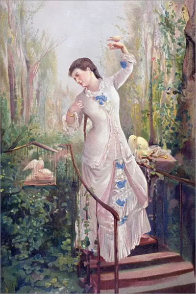A 19Th Century Woman In A Garden With Turtledoves. After The Painting La T