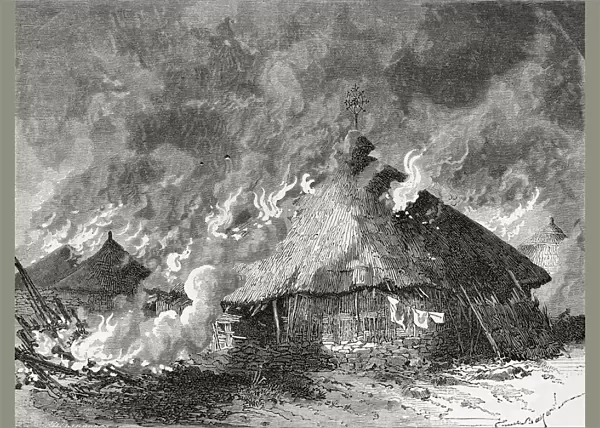 Magdala Fortress, Abyssinia, Burning After Being Set Fire To By The British Army After The Battle On Mount Fahla. From El Mundo En La Mano Published 1875