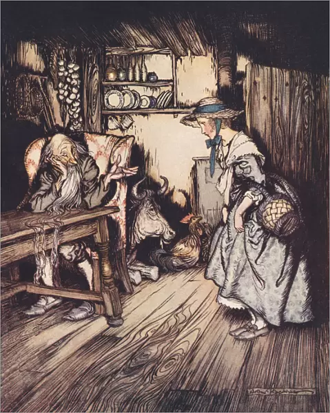 She Begged Quite Prettily To Be Allowed To Spend The Night There. Illustration By Arthur Rackham From Grimms Fairy Tale, The Hut In The Forest, Published Late 19Th Century