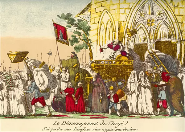 Satirical Illustration Published On The Occasion Of The Nationalisation And Expropriation Of Church Property, During The French Revolution, 1789. The Caption Reads: The Removal Of The Clergy. I Lost My Profits And My Pain Is Unequaled. From A Contemporary Print