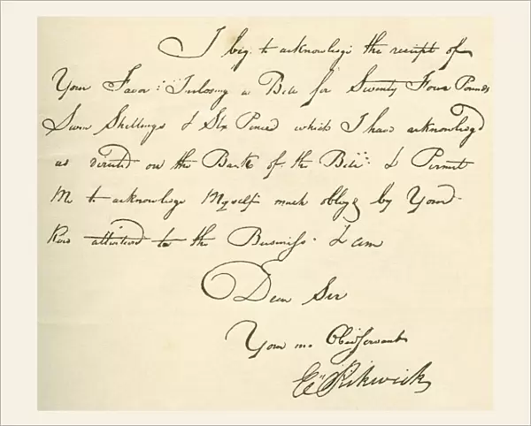Receipt, Dated 1802, Signed By E. Pickwick, A Coach Proprietor From Whom Charles Dickens Took The Name For The Pickwick Papers. Charles John Huffam Dickens, 1812 A