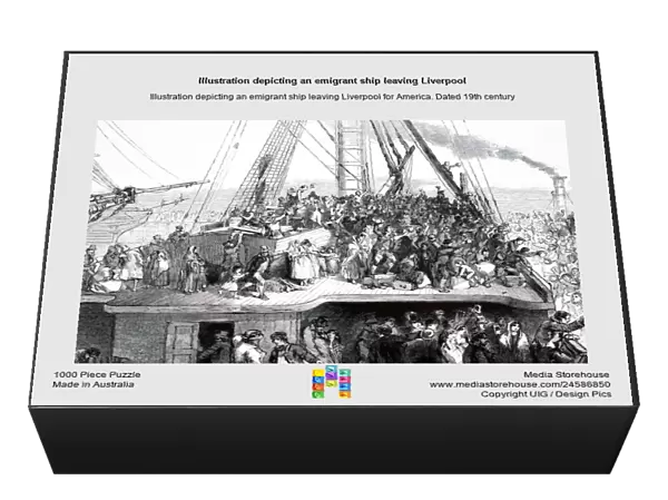 Illustration depicting an emigrant ship leaving Liverpool