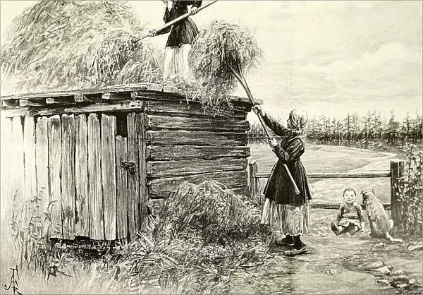Illustration depicting a peasant family storing winter fodder in the roof of a shed in Siberia