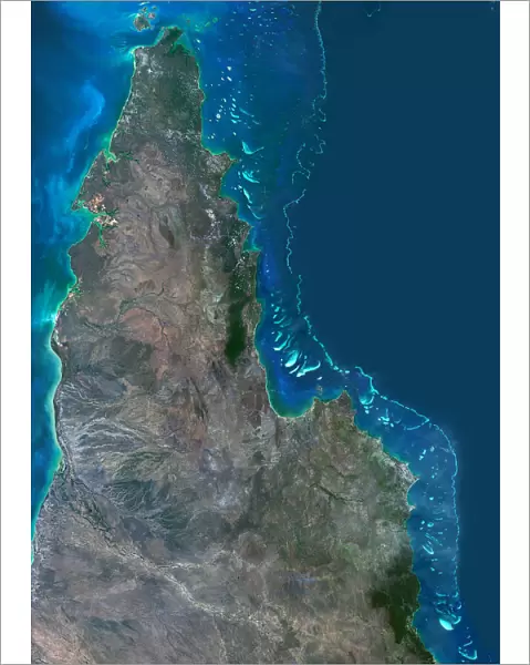 Satellite view of Northern Great Barrier Reef, East coast of Cape York Peninsula, North Australia