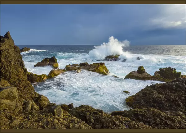 Lava Rock Coast at Sunrise with Breaking Waves, Charco del Viento, La Guancha, Tenerife, Canary Islands, Spain