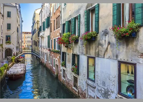 Close-up of buildings with windowboxes lining a canal in early morning in Venice, Italy
