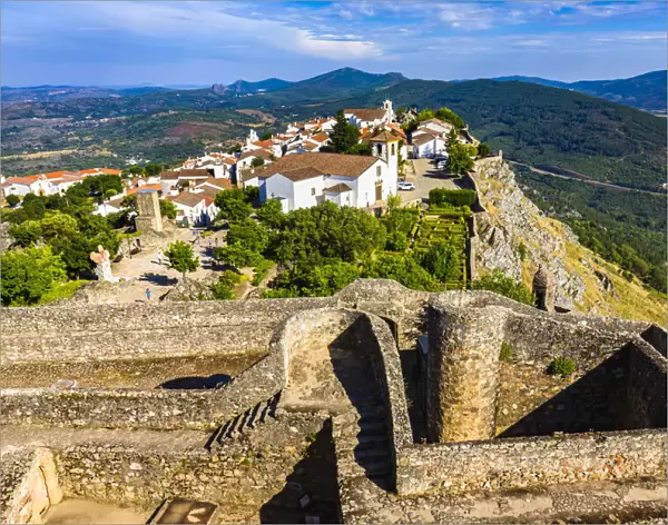 Looking down from the stone walls of the Castle of Marvao onto the municipality of Marvao in Portalegre District in Portugal