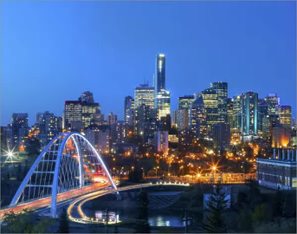 Edmonton skyline at night with the Walterdale Bridge in Alberta, Canada