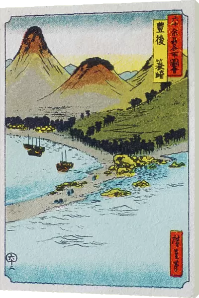 Archival miniature print of a coastal landscape with volcanic mountains, Japan, c 1930