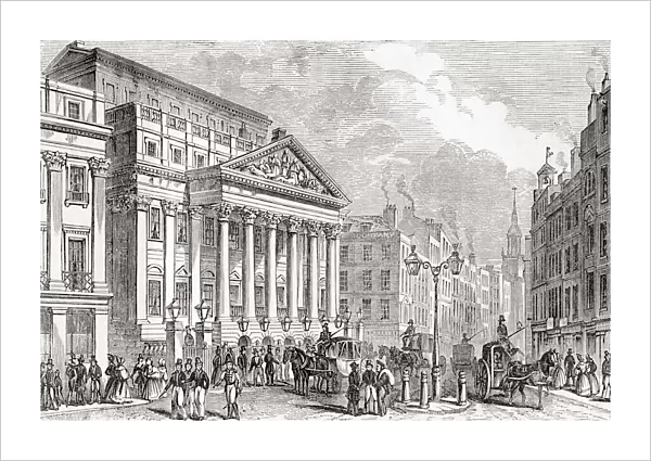 Mansion House, London, England, seen here in the early 19th century. It is the official residence of the Lord Mayor of London. From Old England: A Pictorial Museum, published 1847