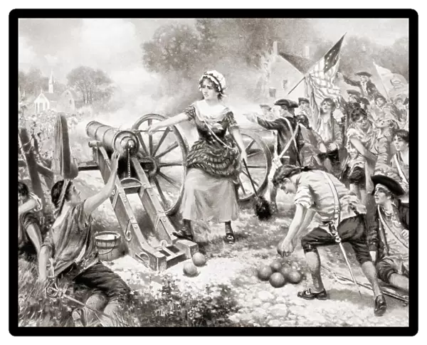 Molly Pitcher firing cannon at the Battle of Monmouth during the American Revolutionary War. Molly Pitchers real name is thought to have been Mary Ludwig Hays McCauley, 1744 - 1832. After a work by E. Percy Moran
