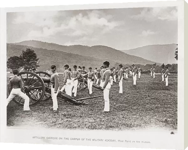 Artillery Exercise on the Campus of the Military Academy, West Point, USA. From the book The United States of America - One Hundred Albertype Illustrations From Recent Negatives of the Most Noted Scenes of Our Country, published 1893; West Point, New York, United States of America