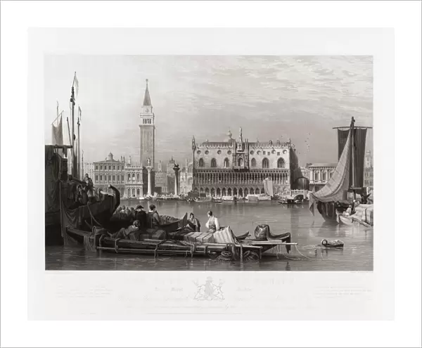 The Doges Palace and St. Marks Square, Venice, Italy in the early 19th century. From an etching by Henry Le Keux, after a work by Samuel Prout