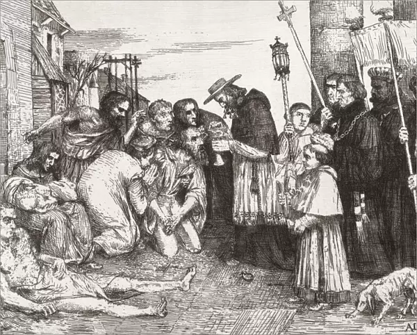 The Plague Victims of Rome, after an etching by French artist Alphonse Legros, 1837 - 1911. People stricken with the plague receive the last sacrament from a cardinal who is atteneded by altar boys and priests