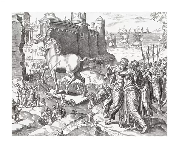 The Trojan horse. King Priam, on the right, watches the horse, left by the Greeks, as it is dragged into Troy through the city walls which have been breached to allow it to pass. From a 16th century engraving by Pieter Jalhea Furnius, after a work by Gerard van Groeningen