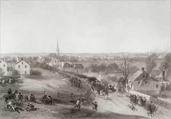 The retreat of the British army from Concord at the end of the Battles of Lexington and Concord, April 19, 1775. The battles triggered the beginning of the American Revolutionary War. From a 19th century engraving by James Smilie after a work by Alonzo Chappel; Illustration