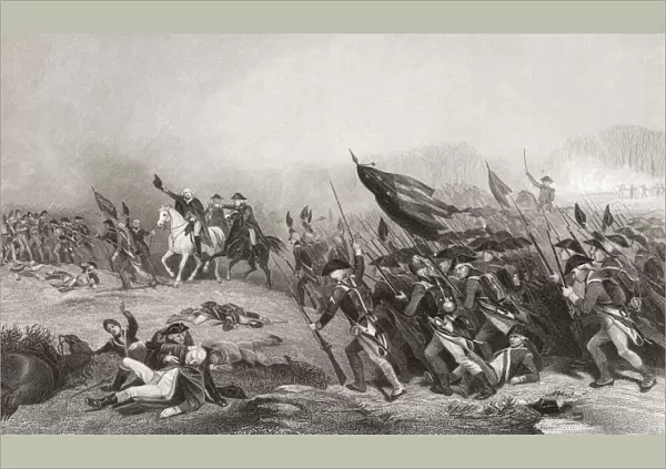 George Washington encourages his troops at the Battle of Princeton, January 3, 1777 during the American Revolutionary War. from a 19th century engraving after a work by Alonso Chappel; Illustration