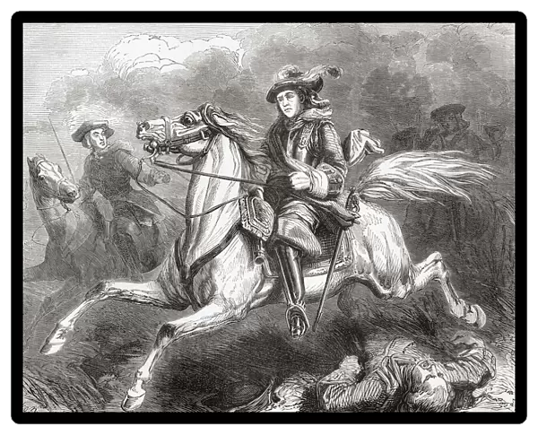 George II at The Battle of Dettingen, 1743, this was the last time a British king led troops into battle. George II, 1683O - 1760. King of Great Britain and Ireland, Duke of Brunswick-Luneburg (Hanover) and a prince-elector of the Holy Roman Empire. From Cassells Illustrated History of England, published c. 1890