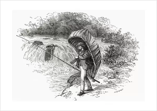 Man carrying a Welsh coracle on his back. From Welsh Pictures, published 1880
