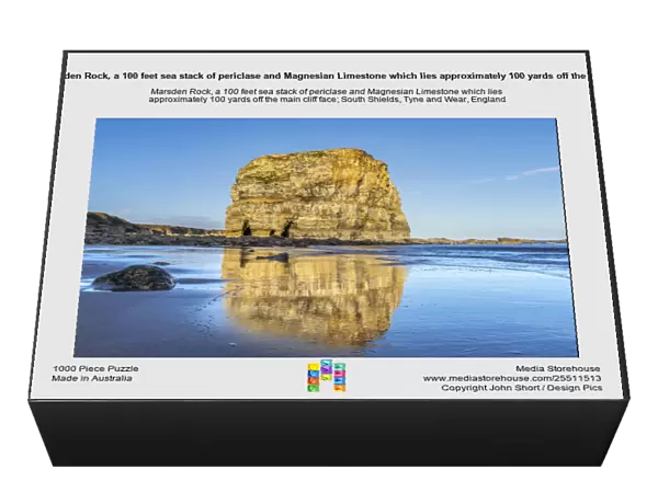 Marsden Rock, a 100 feet sea stack of periclase and Magnesian Limestone which lies approximately 100 yards off the main cliff face; South Shields, Tyne and Wear, England