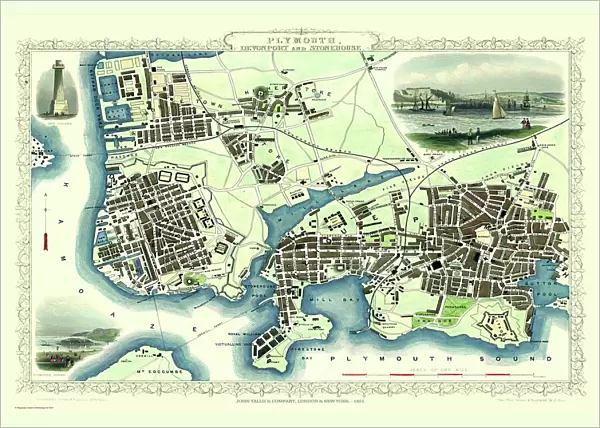 Old Map of Plymouth Devonport and Stonehouse 1851 by John Tallis