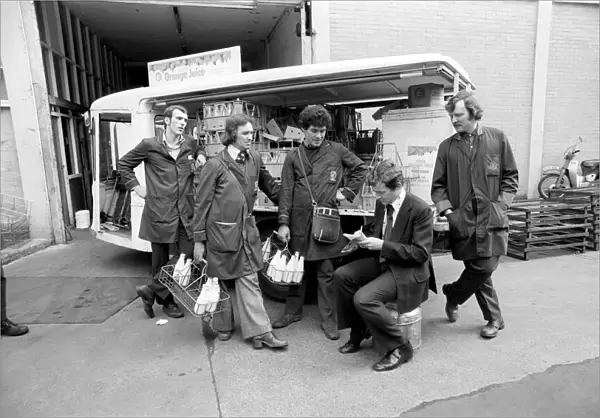 Colin Wills with milkmen from Clifton Street depot of Express Dairy. April 1975