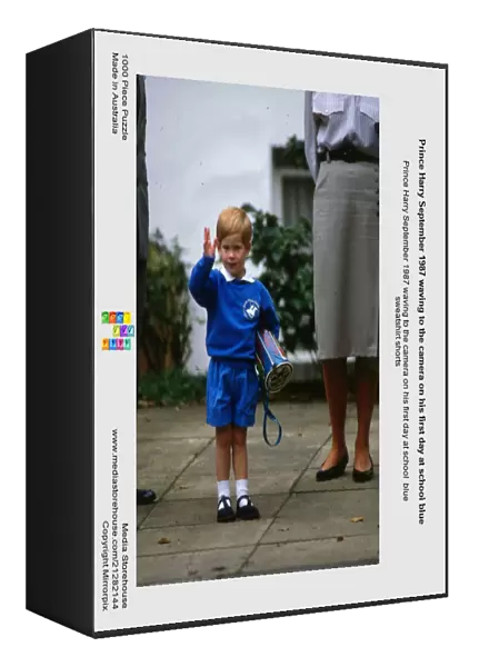Prince Harry September 1987 waving to the camera on his first day at school blue