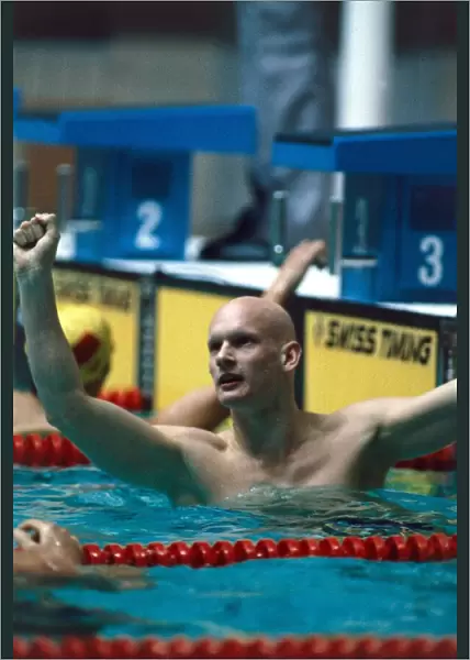 Duncan Goodhew Swimmer celebrates after winning 100m breastroke gold at the Moscow