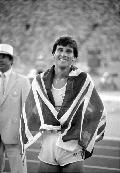Sebastion Coe draped in a Union Jack at the 1984 Olympics in Los Angeles