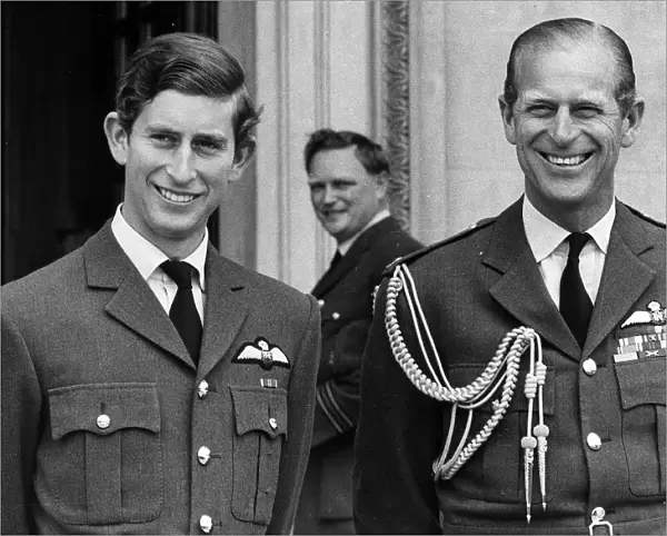Prince Charles and his father Prince Philip wearing RAF uniform at the passing out parade