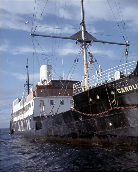Radio Caroline Pirate Radio ship, MV Caroline anchored 4 miles off Ramsey Harbour