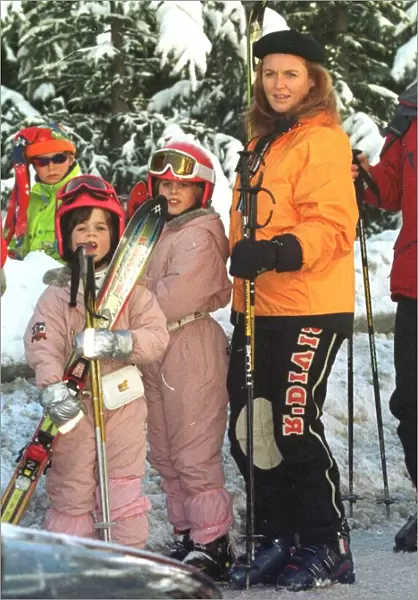Duchess of York with Princesses Beatrice and Eugenie skiing holiday in Verbier