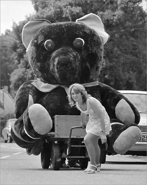 Nineteen year old Elaine Maidment pulls along her giant teddy bear on a trolley through