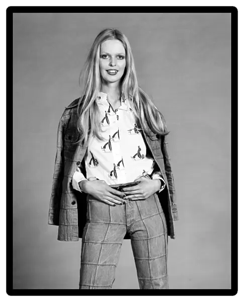 Lise-Lotte. Swedish model wearing flaired trouser suit. March 1975 75-01268-002