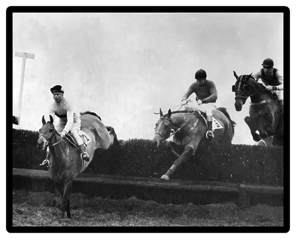 Arkle leads from Woodland Venture and Foinavon at the open ditch. December 1966 P005979