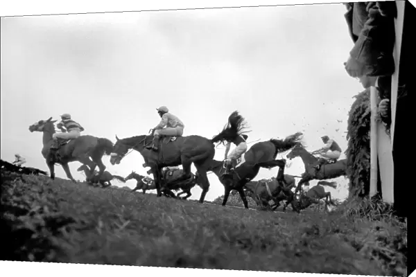 The Grand National at Aintree: Landing after jumping the canal turn is the eventual
