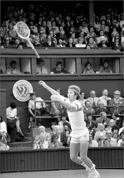 Wimbledon 1981. John McEnroe throws his racket in the air. July 1981 81-3764-058