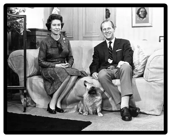 Queen Elizabeth II, Princess Elizabeth with Prince Philip and one of the family corgi
