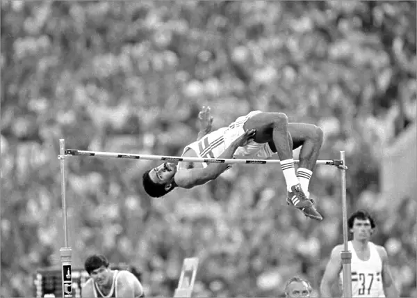 Daley Thompson clears the bar in the High Jump discipline of the Decathalon at the Moscow