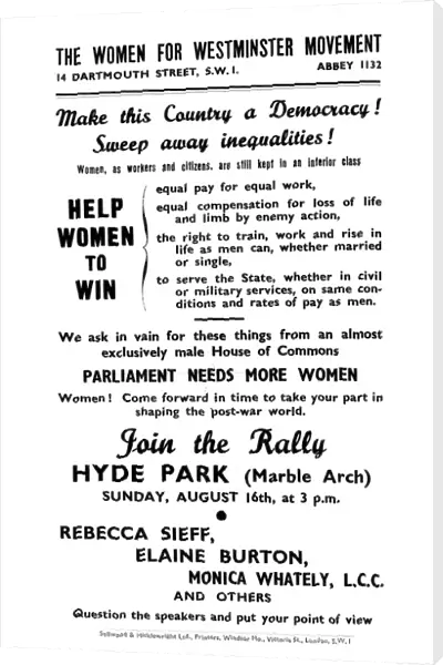A hand bill from The Women for Westminster Movement advertising a rally at Hyde Park