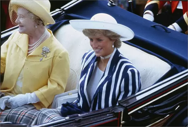 Princess Diana Princess of Wales J sitting in a coach at Ascot racecourse with the Queen